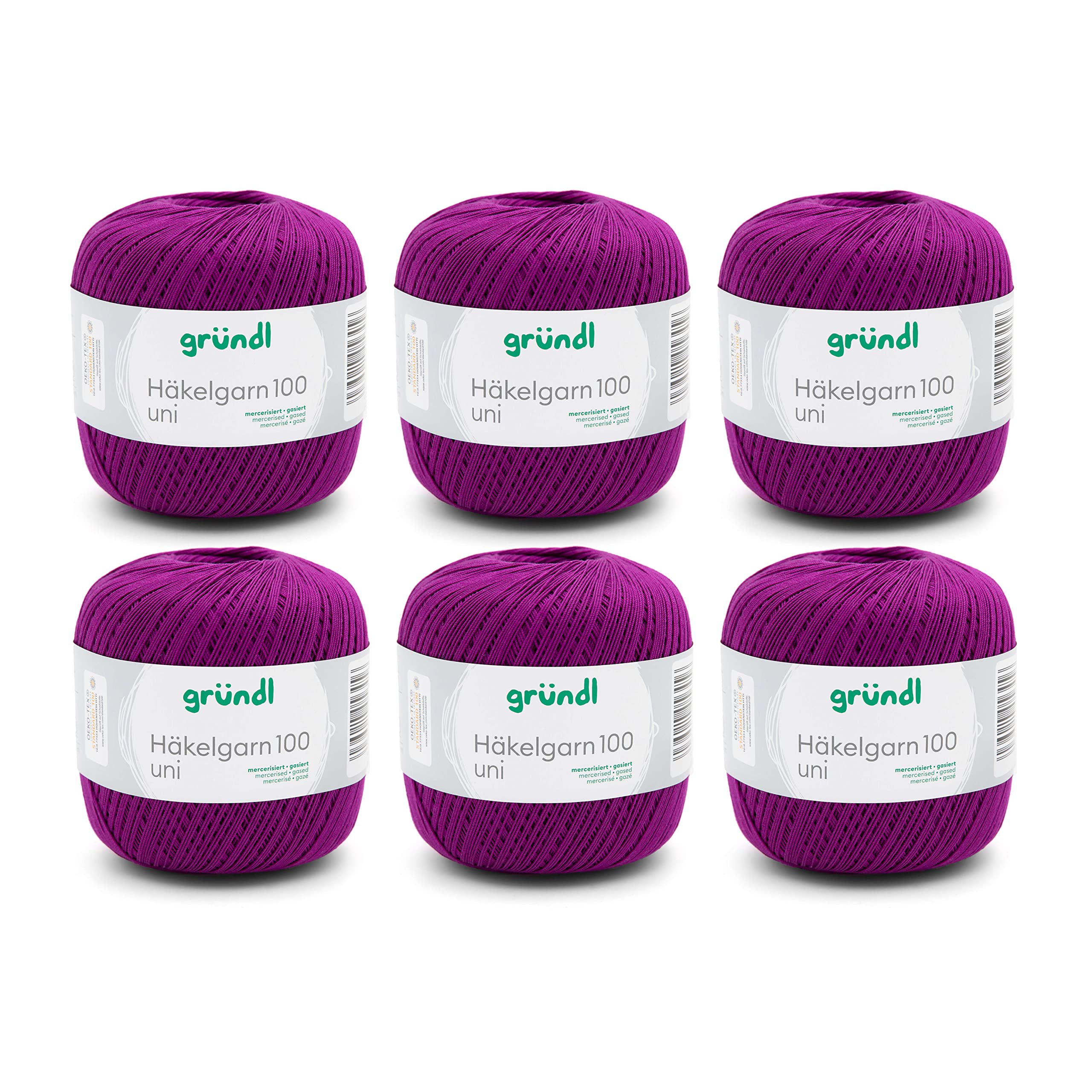 Gründl Häkelgarn 100 Uni (Crochet Wool, Knitting Yarn, Mercerised Cotton Yarn for Crochet Made of 100% Cotton, 100 g / 566 m, Needle Size: 1.5-2mm, 6 x 100 g), Purpur