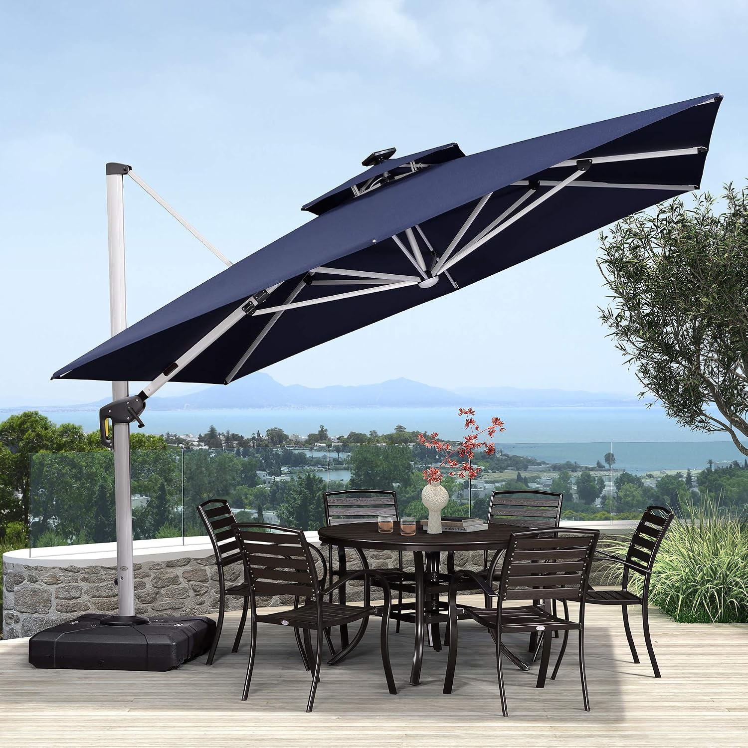 Amazon Com Purple Leaf 10 Feet Double Top Deluxe Solar Powered Led Square Patio Umbrella Offset Hanging Umbrella Outdoor Market Umbrella Garden Umbrella Navy Blue Garden Outdoor