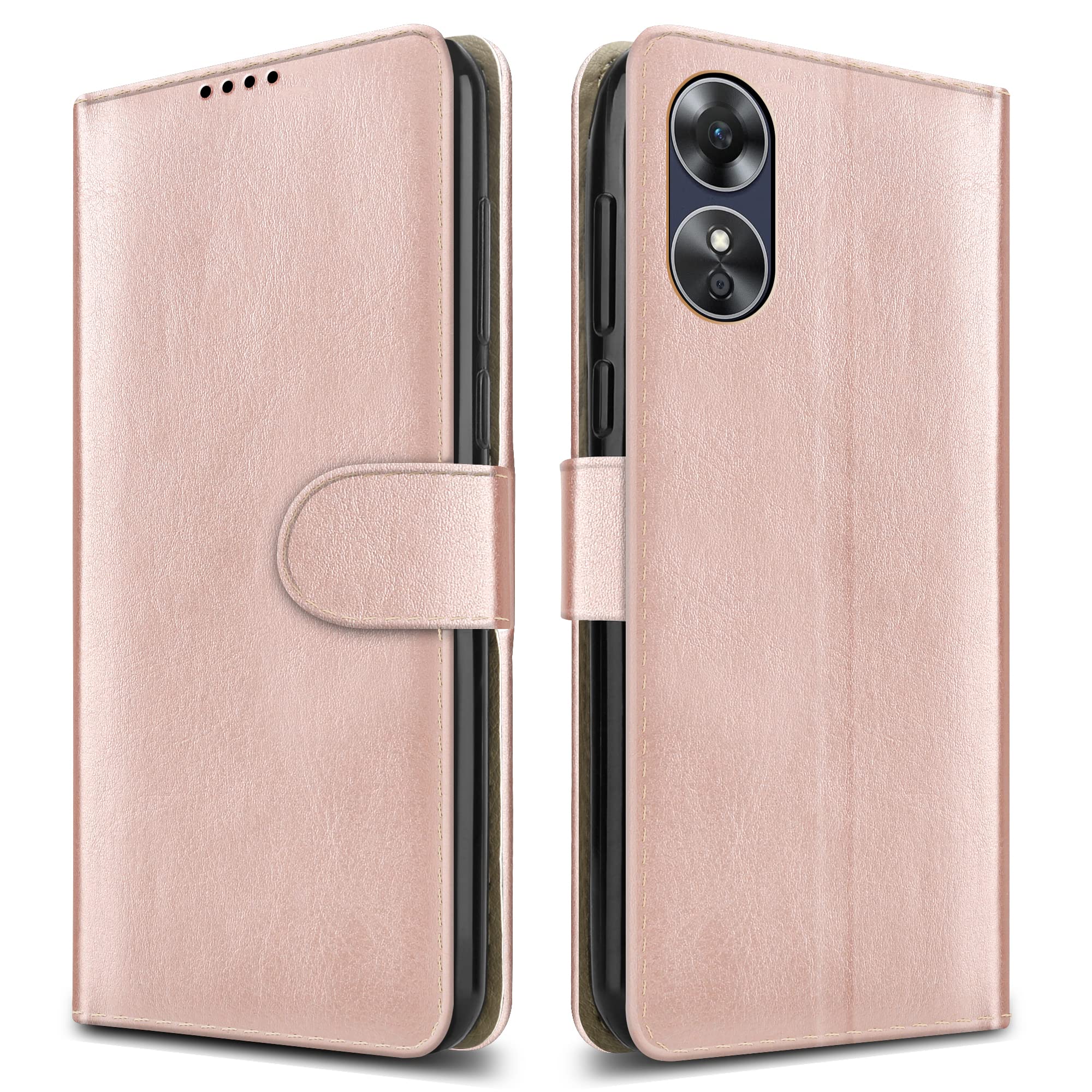 PIXFAB For OPPO A17 Leather Phone Case, Magnetic Closure Full Protection Book Folio Design, Wallet Case Cover [Card Slots] and [Kickstand] For OPPO A17 - Rose Gold