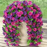 INXUGAO Artificial Petunias Flowers for Outdoors, UV Resistant Fake Plant | 2PCS Faux Silk Hanging Morning Glory, Weather-Resistant , for Spring Summer Outside Home Porch Patio Decor, Purple Violet