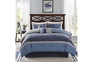 Madison Park Cozy Comforter Set Casual Modern Design - All Season Bedding, Matching Bed Skirt, Decorative Pillows, Collins, Suede Blue Grey King(104"x92") 7 Piece