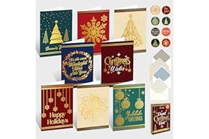 Decorably 16 Pack Gold Foil Embossed 5x7in Merry Christmas Cards with Envelopes and Stickers, 8 Elegant Designs Assorted Box of Christmas Cards with Envelopes, with Printed Message Inside
