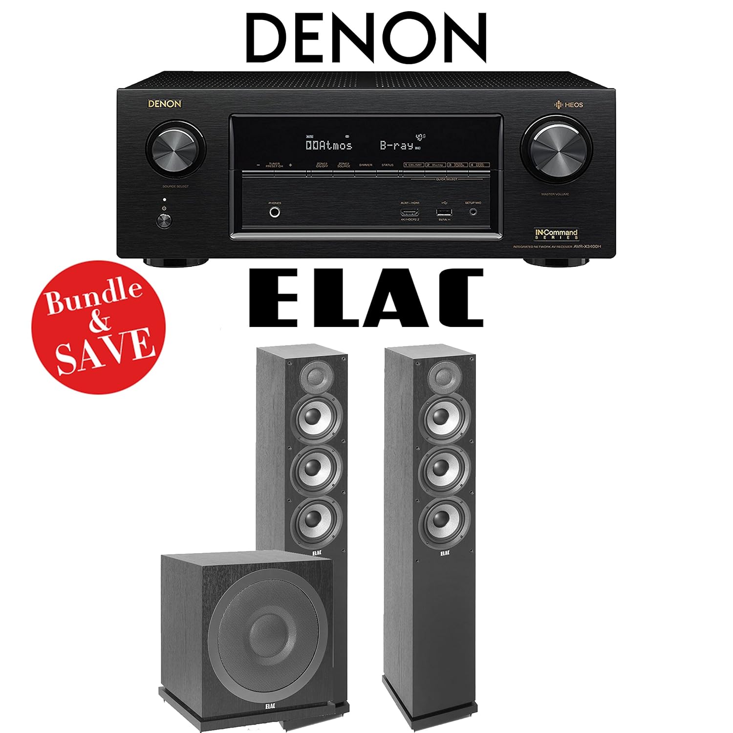 Denon AVR-X3400H 7.2-Channel Full 4K Ultra HD Network AV Receiver + Elac F5.2 Debut 2.0 + Elac Sub3010 - 2.1-Ch Home Theater Package