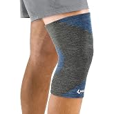 MUELLER Sports Medicine FIR 4-Way Stretch Compression Knee Support, Knee Pain Relief Support for Men &amp; Women, Ideal for Arthritis, Sprains, Gray/Blue