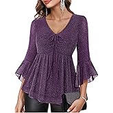 Triratna Womens Blouses Dressy 3/4 Ruffle Sleeve Sparkly Shirts Mesh Flowy Elegant Fall Peplum Tops for Evening Party