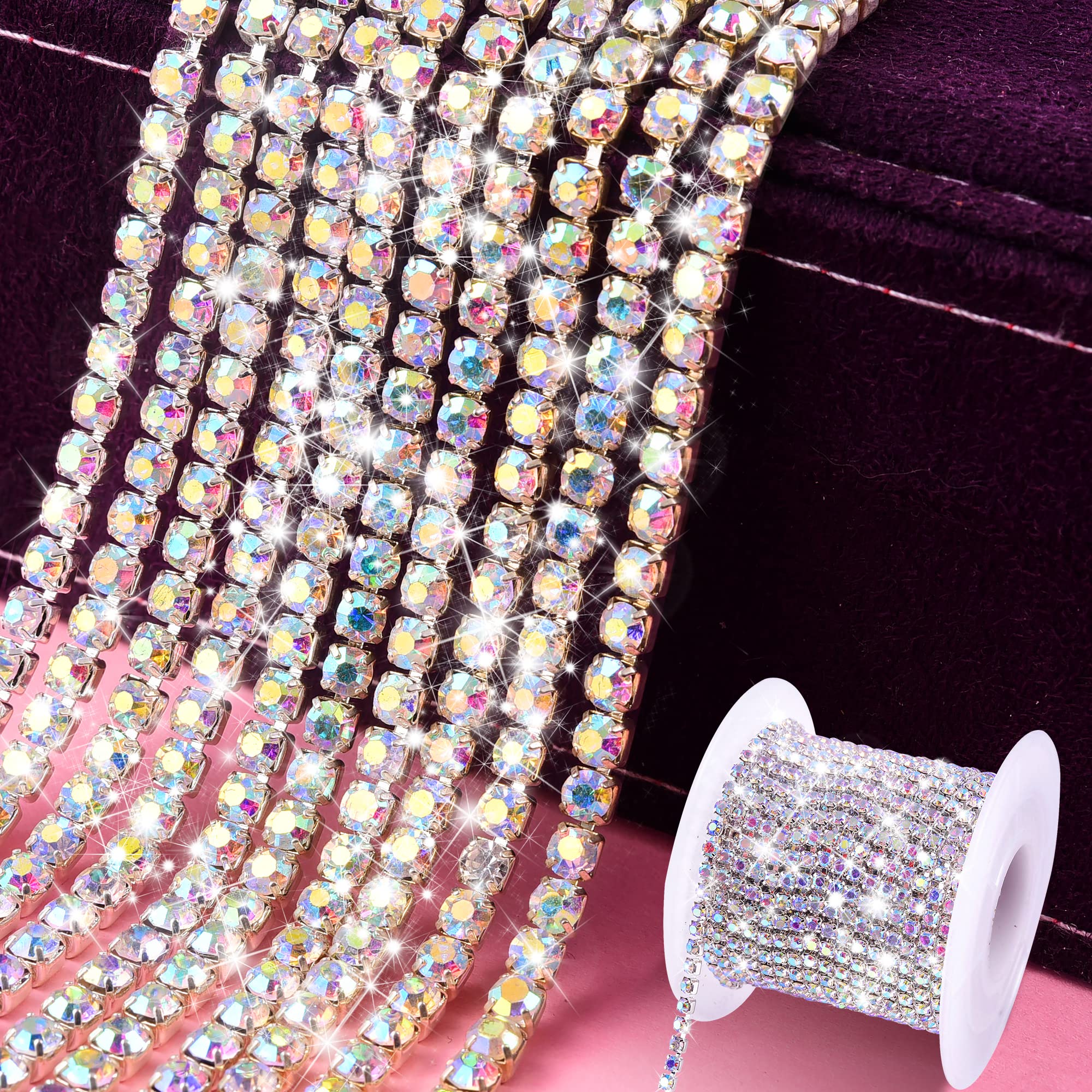 BLINGINBOX Rhinestones Chain 10 Yards SS8/2.5mm High Quality Crystal AB Glass Sew On Rhinestones Cup Chain with Silver Bottom Sew On Trim(SS8,Crystal AB-Silver Bottom)