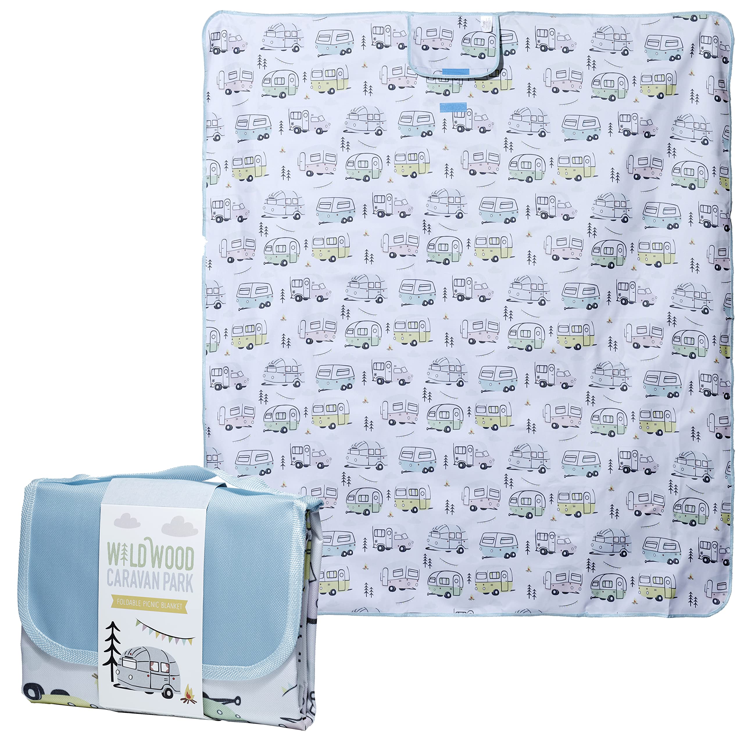 Puckator PICB03 Wildwood Caravan Picnic Blanket, Foldup, Camping Picnics Outdoors Beach Garden, 158x140cm, Durable Oxford Cloth with PVC