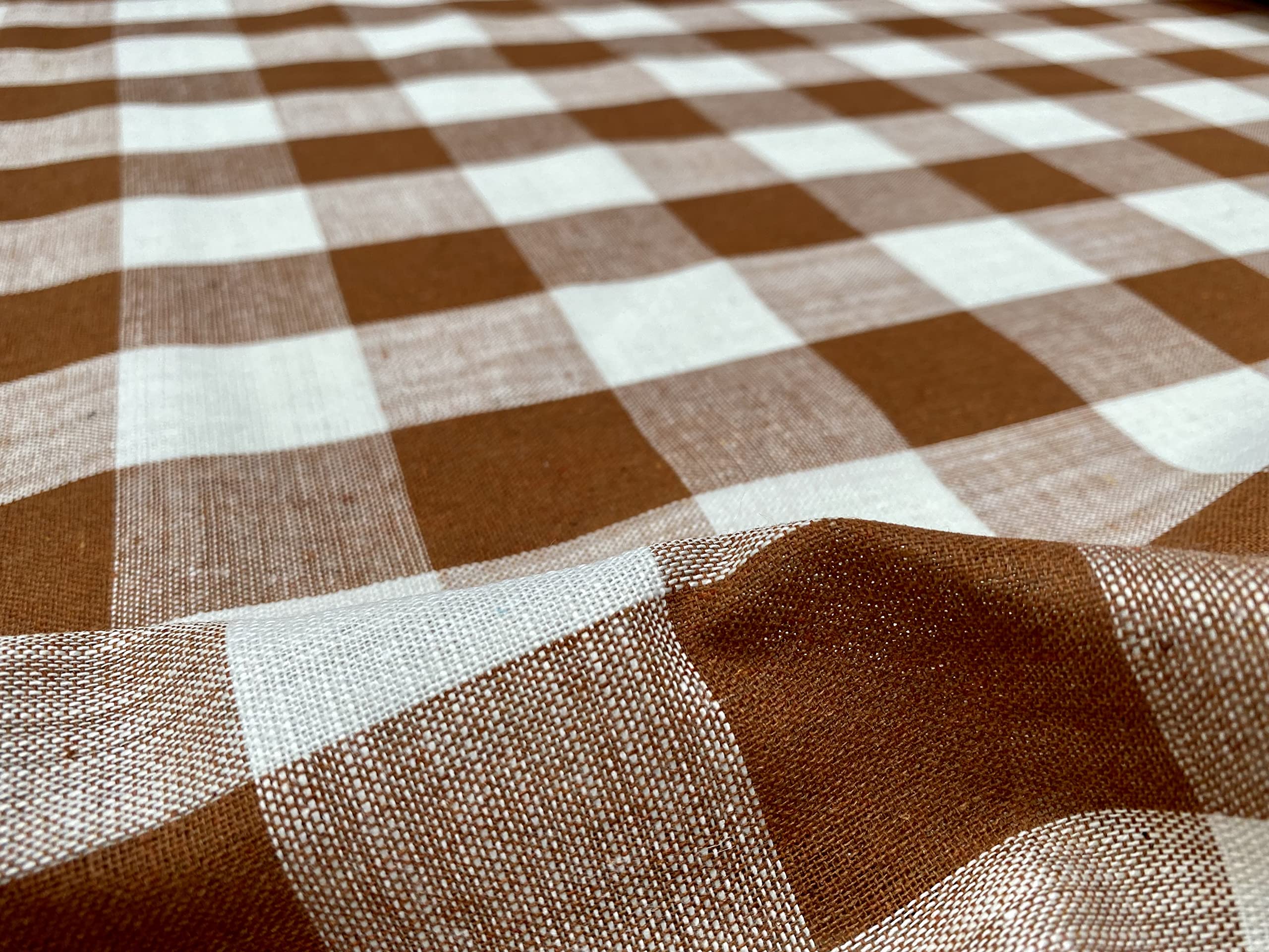 Gingham Linen Checked Fabric Check Material Buffalo Plaid - Dressmaking, Curtains, Home Furnishing - 140cm Wide (Light Brown & White, 2 METRES)