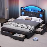 busyaeh Bed Frame Queen Size,Queen Bed Frame with 6 Storage Drawers | Queen Bed Frame with Headboard,Charging Station,LED Light,Queen Bed with storage,No Box Spring Needed,Easy Assembly,PU Black