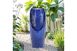 Autodaya 33" H Outdoor Garden Fountain with LED Lights, Modern Ceramic Jar Water Fountain, 3D Tropical Leaf Pattern, Cobalt Blue Glaze, Soothing Cascading Waterfall for Relaxing Patio, Yard, Porch