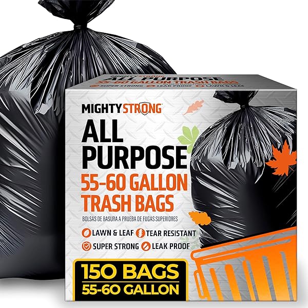 150 PACK 55 GALLON TRASH BAGS – BLACK LARGE GARBAGE BAGS | EXTRA LARGE 50-60 GALLON LAWN AND LEAF BAGS | HEAVY DUTY PLASTIC OUTDOOR YARD WASTE BAGS – PACKING MAY VARY