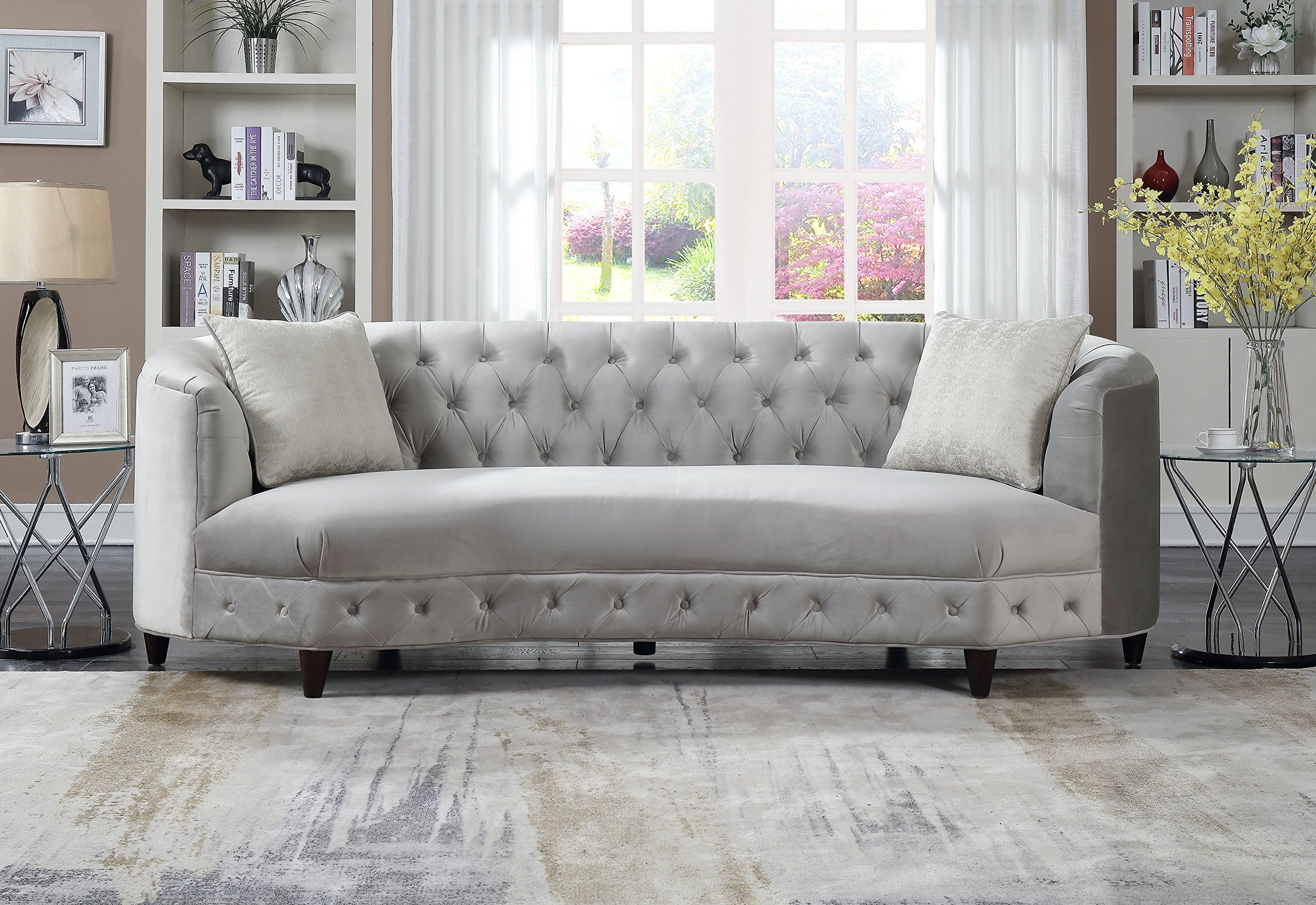 Iconic Home Leeba Kidney Shaped Club Sofa Tufted Velvet Down Mix Cushions with Espresso Finished Wood Cone Legs and 2 Accent Throw Pillows Couch Modern Traditional, Grey