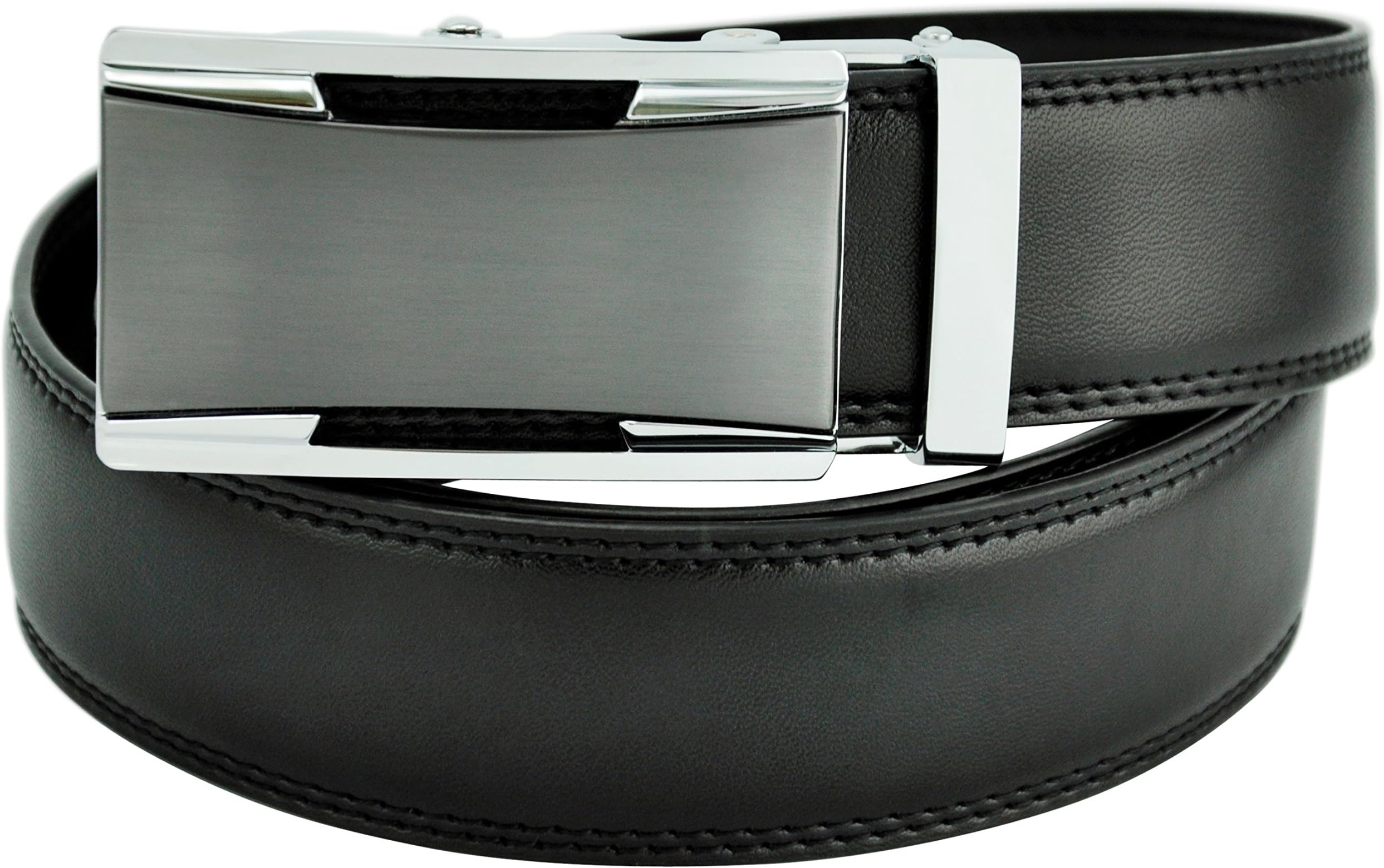 Hampton Men’s Leather Topstitched Belt with Innovative Classics Collection Ratchet Buckle (36-39 Large, Triumph Buckle with Jet Black Leather)