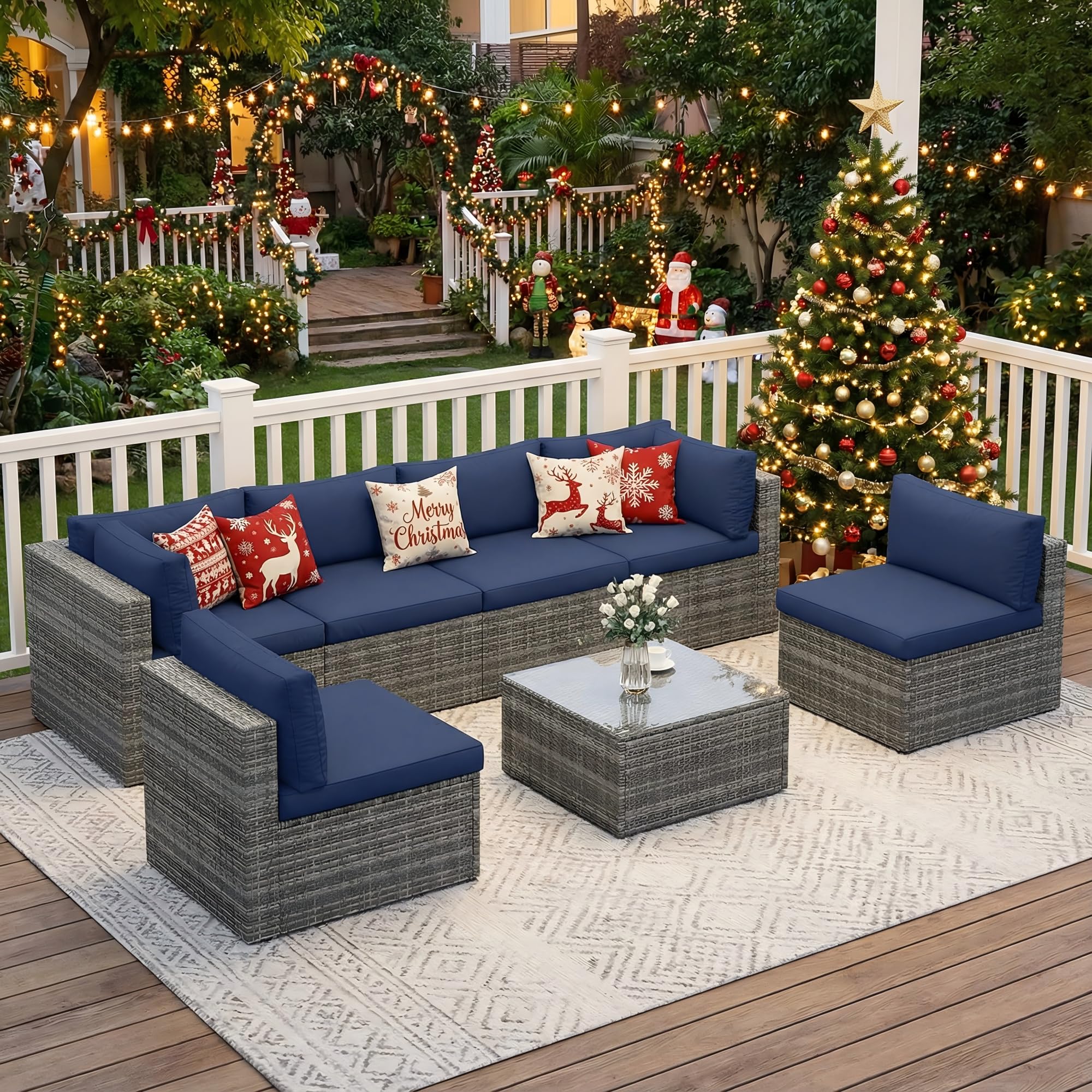 Photo 1 of *PARTIAL SET*
Wisteria Lane 7 Pieces Outdoor Patio Furniture Set, Wicker Outdoor Patio Sectional Sofas with Coffee Table, All-Weather Patio Conversation Set for Backyard Garden, Navy Blue