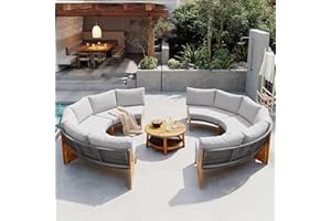 YSWH 8 Pieces Outdoor Half Moon Sectional Sofa Conversation Set, Acacia Wood Patio Furniture Set with 2 Semicircular Table, Woven Rope Design and Cushions, Curved Half Moon Seating Group Sofa Set (Gray)