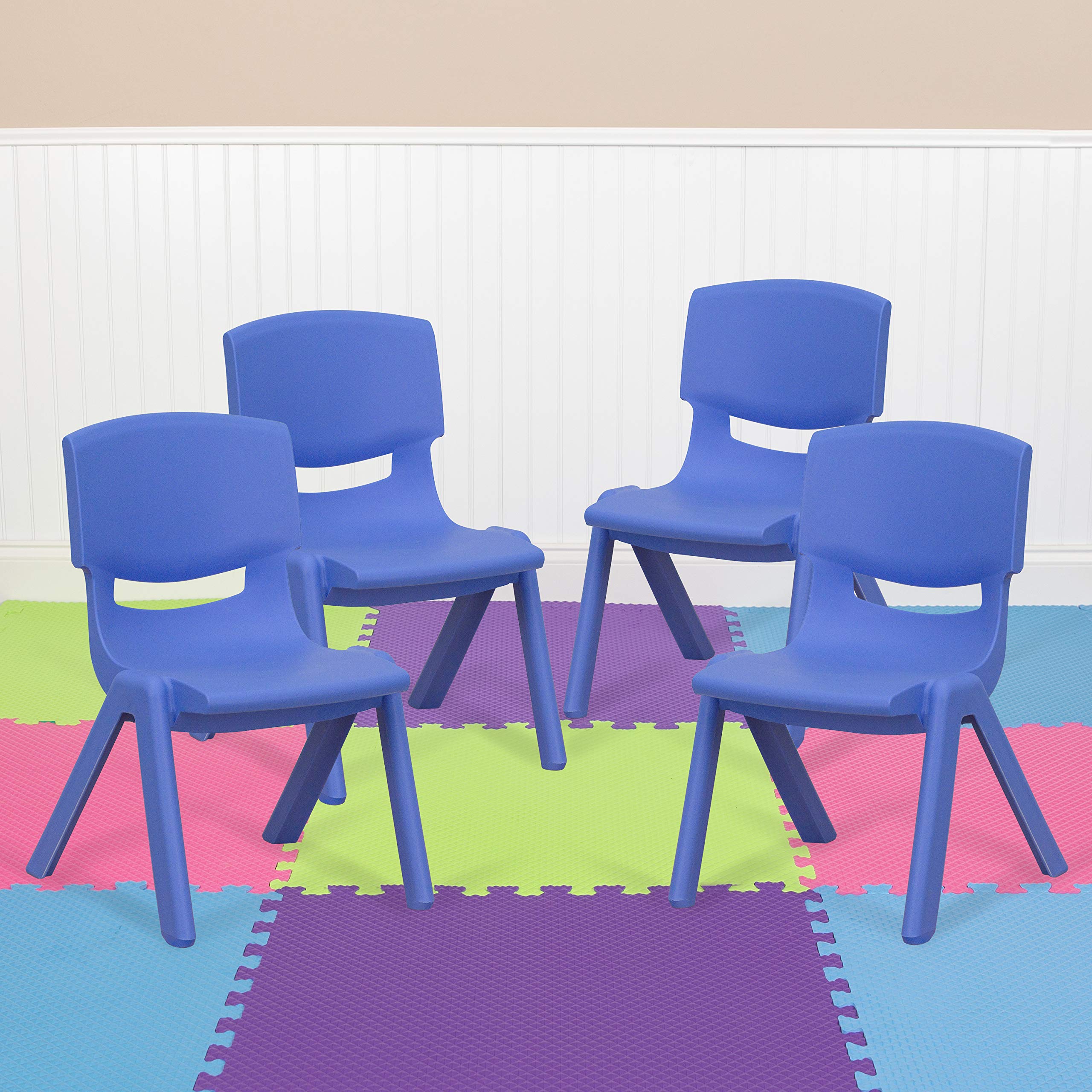 EMMA + OLIVER 4 Pack Blue Plastic Stackable School Chair with 10.5" H Seat, Preschool Chair