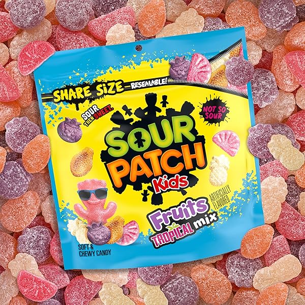 SOUR PATCH KIDS FRUITS TROPICAL MIX SOFT & CHEWY CANDY, SHARE SIZE, 11.11 OZ