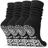 Sandsuced Pilates Slouch Socks with Grips Non Slip Yoga Socks Winter Warm Cozy Scrunch Boot Crew Slipper 4 Pairs for Women