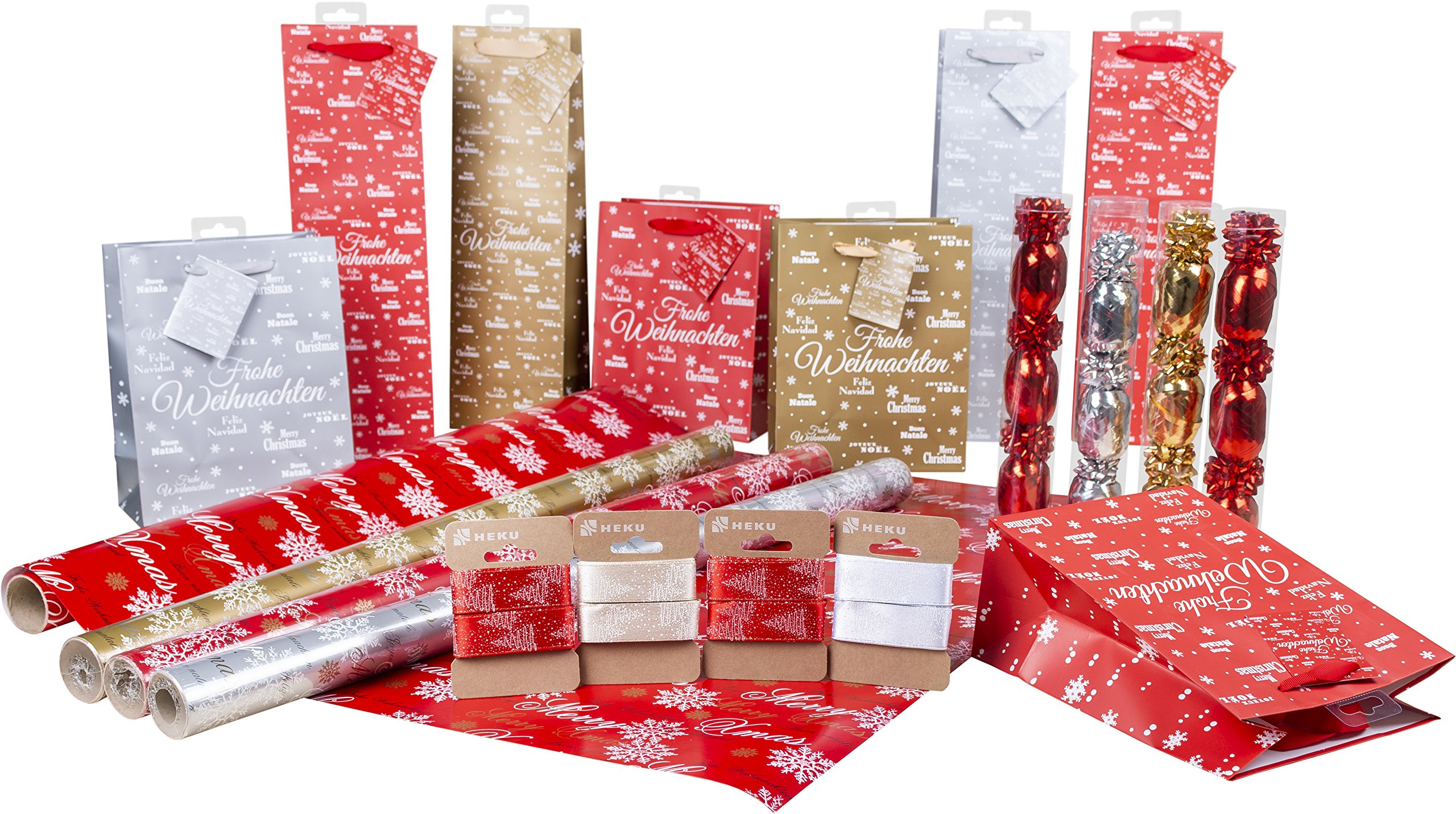 Extra Large Gift Everpackungs – 52 Pieces, Merry X-Mas; Set Contains 4 Rolls of Wrapping Paper, 4X Bottle Pockets, 4 Pockets, 4 Gift Ribbons 12 Egg Nests and 24 Self-Adhesive Mini Ice Eifen