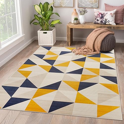 AMEHA Area Rugs for Bedroom - Yellow Rugs Living Room 120 x 170 Cm Runner Modern Carpet - Triangle Pattern Non Shedding Super Soft Rug Easy Care (Brio)
