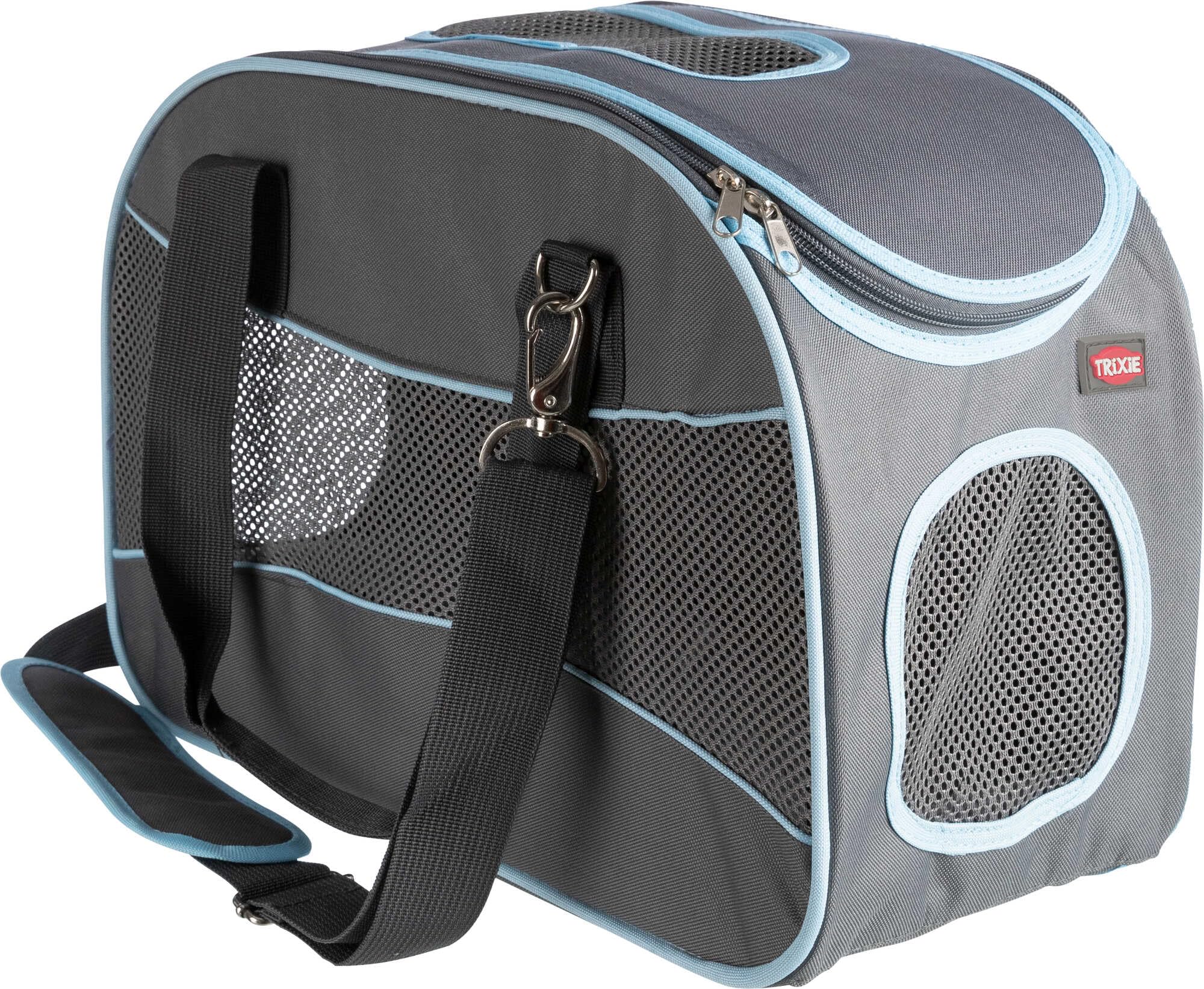 TRIXIE dog bag Alison - dimensionally stable - trolley attachment - top opening - shoulder strap - integrated short leash - padded base - 20 x 29 x 43 cm - up to 8 kg - grey/blue - 28856