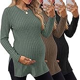 Sweetyweee 3 Pack Women's Maternity Shirts, Ribbed Long Sleeve Pregnancy Sweaters Knit Split Side Crew Neck Tunic Tees Tops(Black, Brown, Green,Medium)