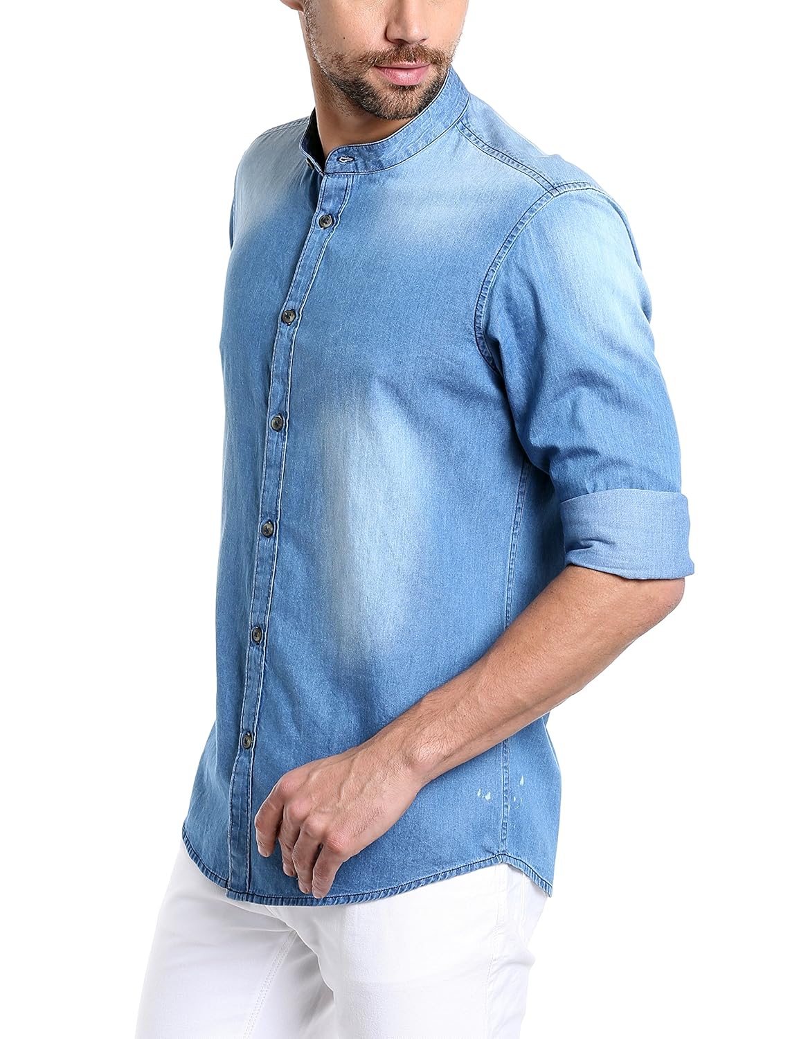 dennis lingo men's denim light blue solid casual shirt