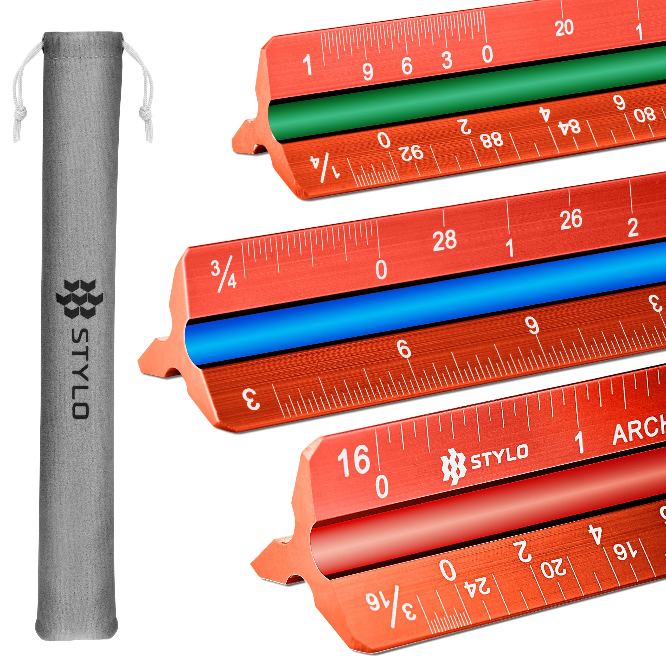 Aluminum Architect Scale - 30cm Laser Etched Triangle Drafting Ruler with Colour Coded Grooves for Blueprint, Drafting - Architectural Scale (Red, Imperial Units)