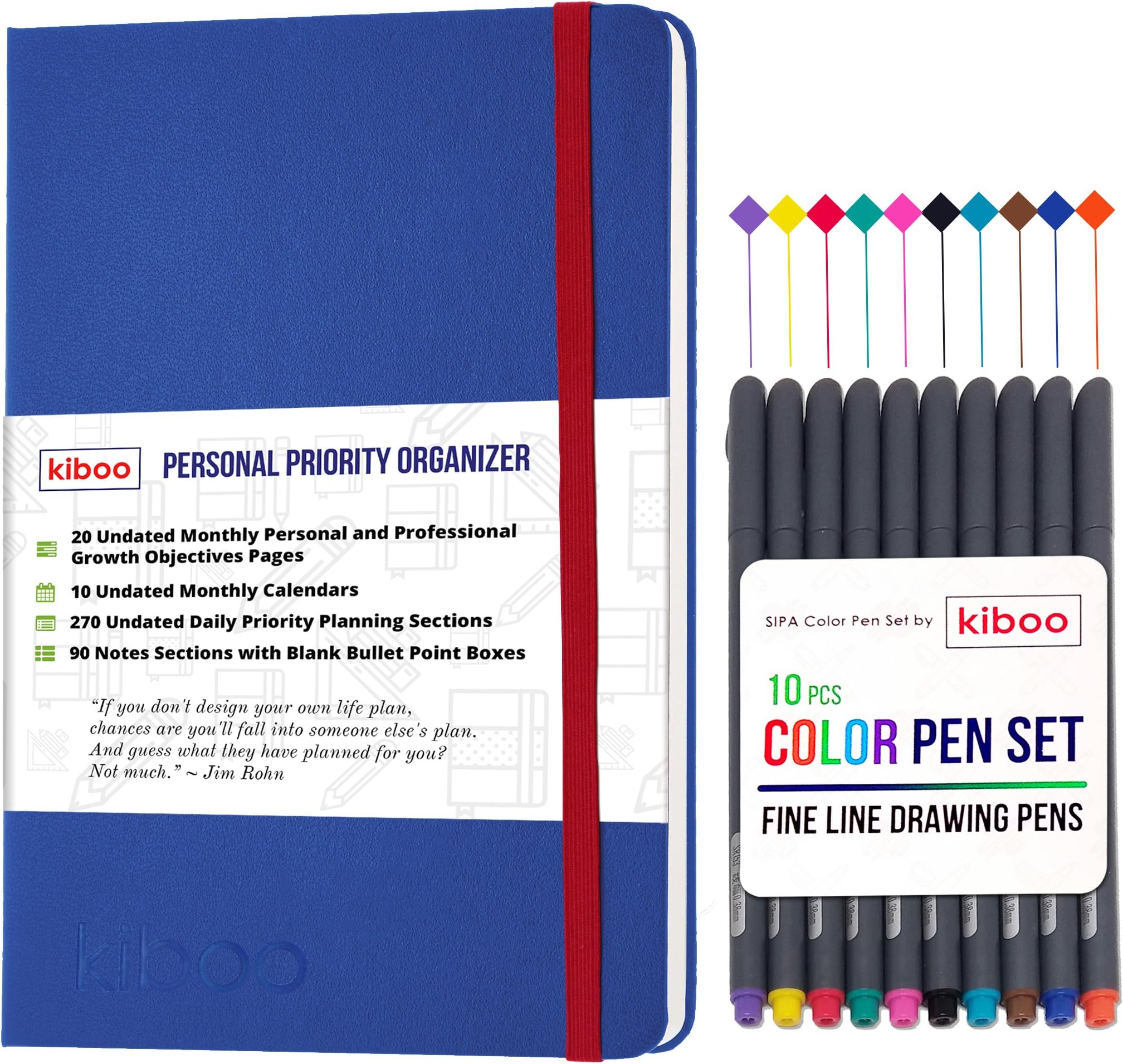 KIBOO Personalized Leather Journal Notebook 2017-2018 - Professional & Personal Success A4/ 8.3" x 11.7" Blue, Undated Daily Planner Agenda - Smart Academic Weekly & Monthly Goal Organizer Calendar