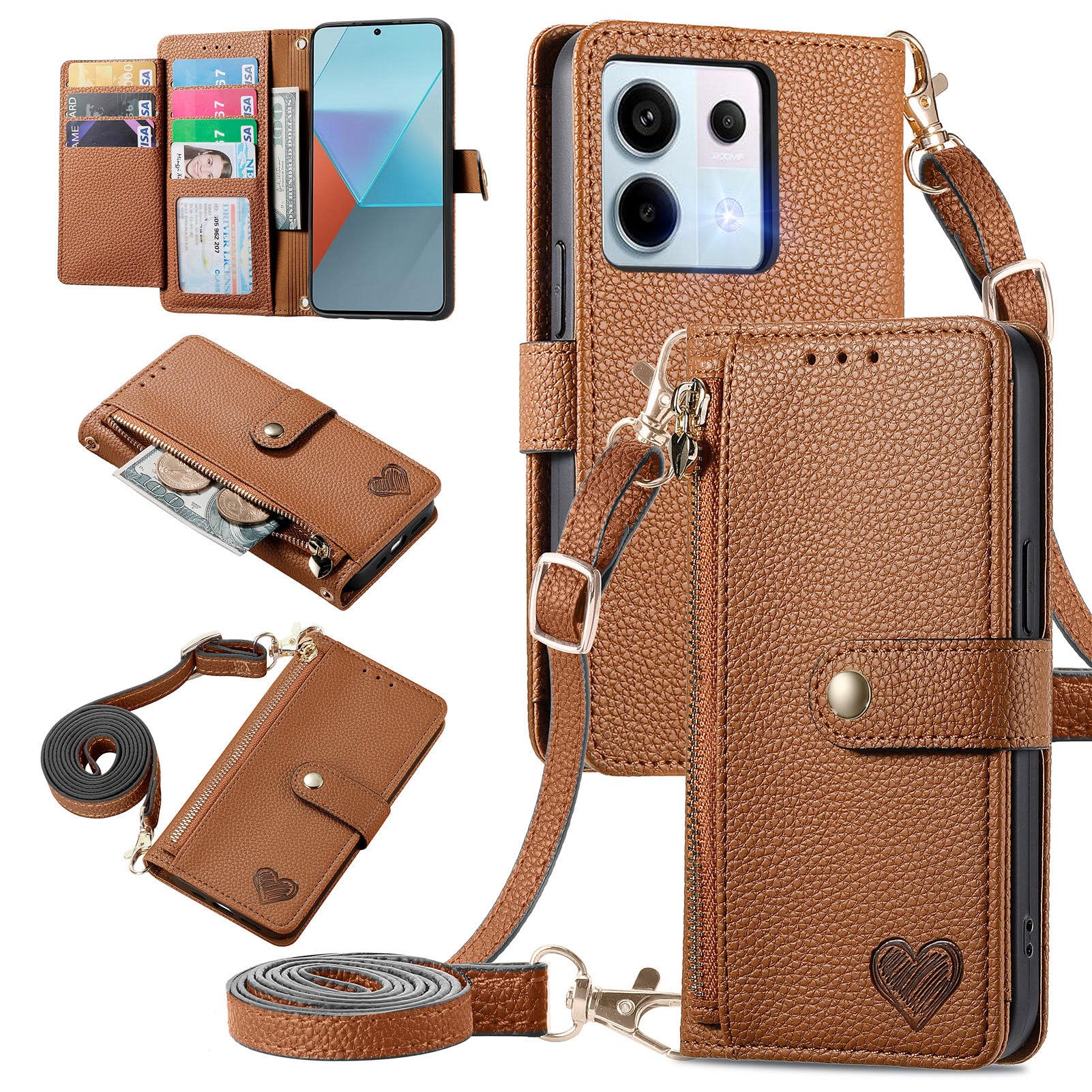 MOJIA Flip Case For Xiaomi Redmi Note 13 Pro 5G / Poco X6 5G, Leather Zipper Flip Wallet Case Cover [with Shoulder Belt], Card Holder Multifunctional Anti-fall Phone Shell. Brown