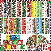 SUNPROUND 100Pcs Christmas Slap Bracelets Bulk, Christmas Toys Party Favors Fidget Toys, Xmas Snap Wristbands for Kids Xmas Gifts, Goodies Stocking Stuffers, Classroom Prizes for Boys Girls