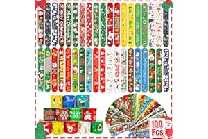 SUNPROUND 100Pcs Christmas Slap Bracelets Bulk, Christmas Toys Party Favors Fidget Toys, Xmas Snap Wristbands for Kids Xmas Gifts, Goodies Stocking Stuffers, Classroom Prizes for Boys Girls