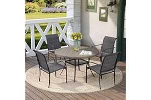 DIFY Outdoor Dining Set for 4, Patio Dining Furniture Set Includes 42" Grey Wood-Like Round Table with Adjustable Umbrella Hole and 4 Grey Stackable Metal Chairs for Poolside, Garden, Backyard