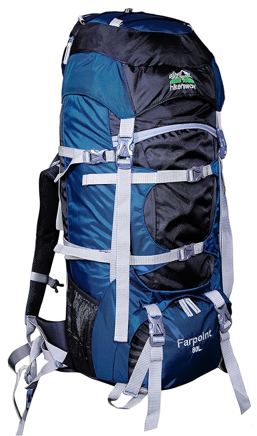 Hikers way 80 Ltrs Farpoint Navy Blue Internal Frame Rucksack Backpacks Travel Bag Hiking Bag Camping Bag Trekking Bags with Waterproof Compartment & Rain Cover (HW-8001NB)