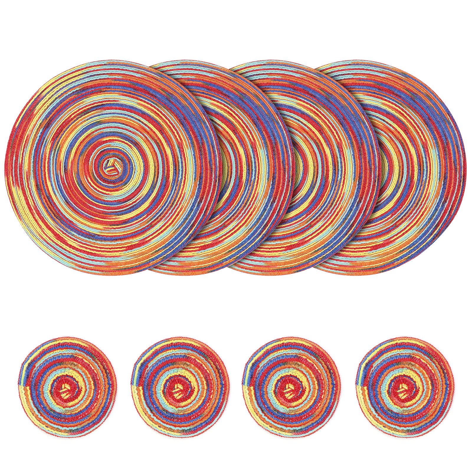 Woven Round Placemats Set, 4Pcs 38cm Cotton Placemats and 4Pcs 11cm Coasters, Heat Resistant Washable Mats for Kitchen, Dining Table (Red) — image 1