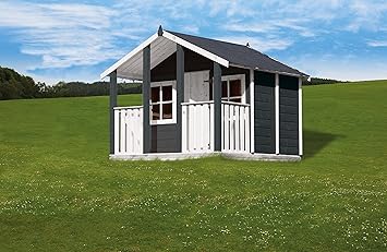 Kinderspielhaus Aus Holz Mit Uberdachter Terrasse Deinspielgeraet Nick In Grau Weiss Grosses Garten Spielhaus Fur Kinder Mit Fussboden Tur Fenster Fur Draussen Amazon De Spielzeug