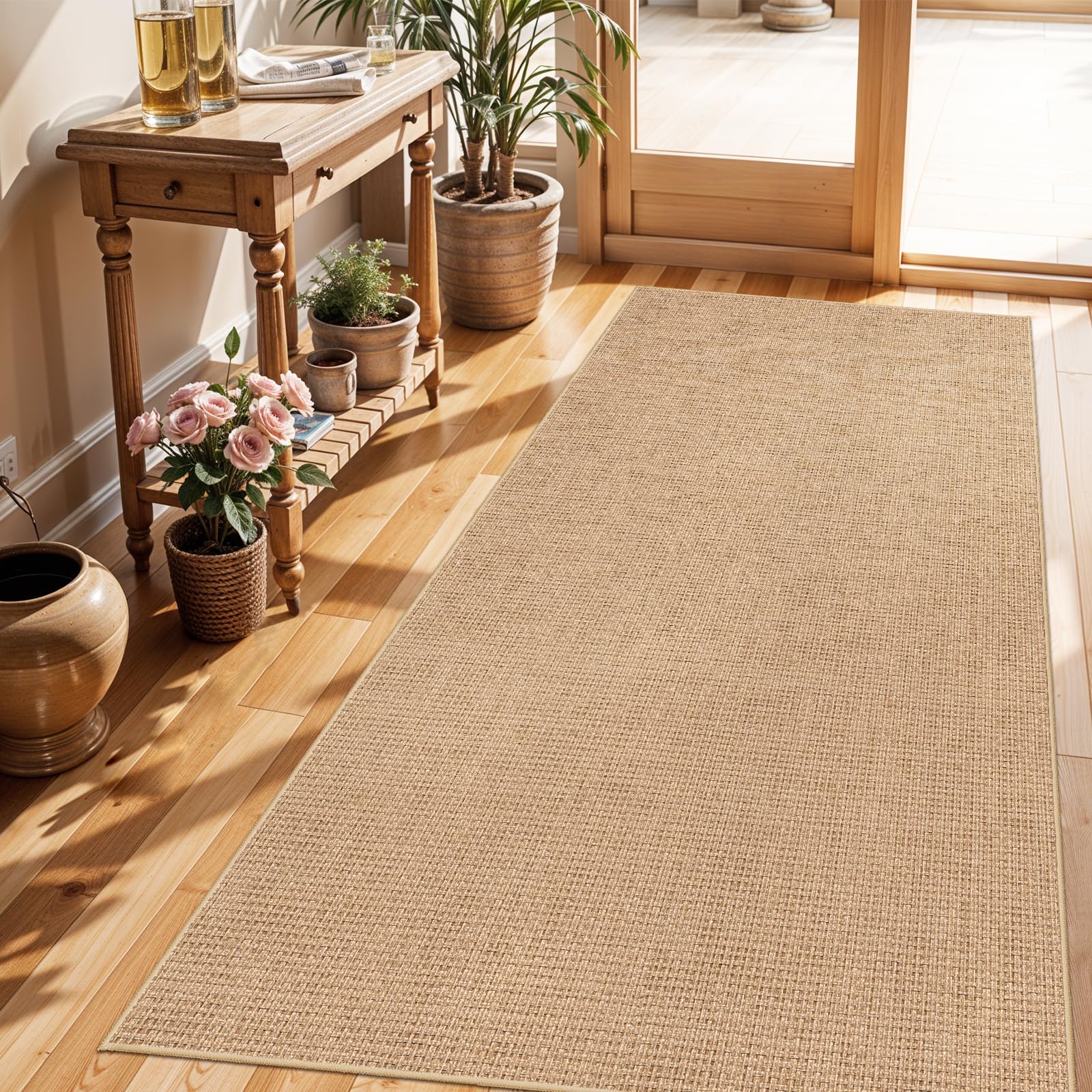 BYYVOO 3x6 Kitchen Runner Rug Washable Non Slip: Solid Color Pattern Faux Jute Rug - Thin Easy Clean Indoor Farmhouse - Boho Rugs for Entryway Kitchen Hallway Bedroom Modern Home Decor Mat (Beige,3x6)
