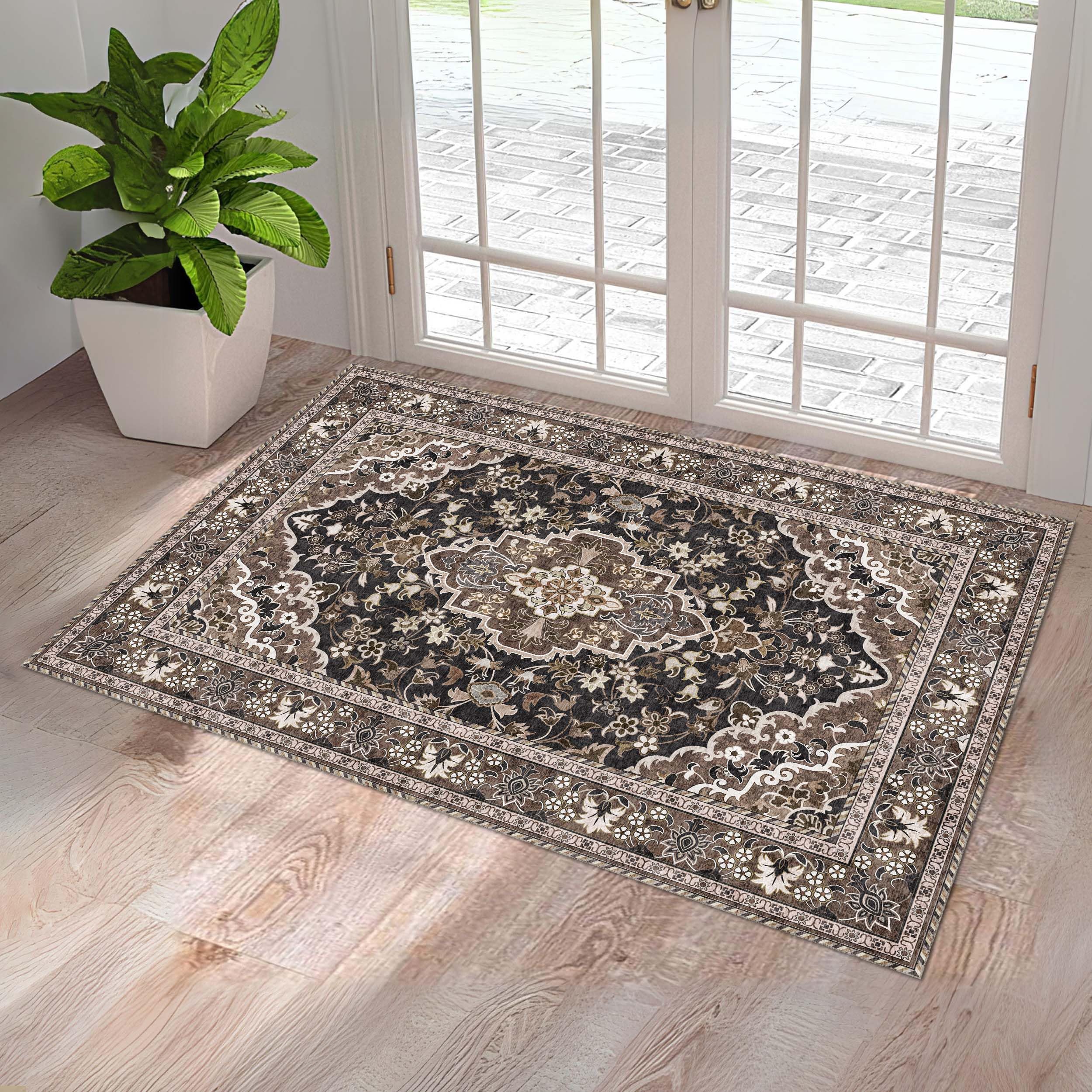 Photo 1 of Washable Entryway Rug 3x5 | Non Slip Rug Runners for Hallways, Entryways, Kitchens, Bathrooms, Bedrooms | Ultra-Soft Flannel Carpet Kitchen Rug with Rubber Backing (Black Brown, 3x5)