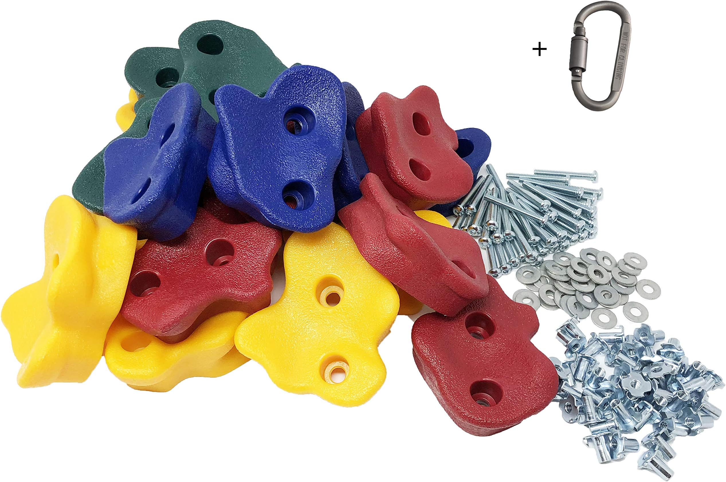 20 Premium Large Textured Kids Rock Climbing Wall Holds with Quality 2” Mounting Hardware + Carabiner Clip + Installation Guide w Video!