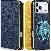 VISOUL Pebbled Leather Wallet Case for iPhone 17 Pro Max 6.9" 2025, Genuine Leather Flip Folio Cover with RFID Blocking Card Holders, Kickstand, Soft TPU Protective Flip Cover -Blue+Yellow