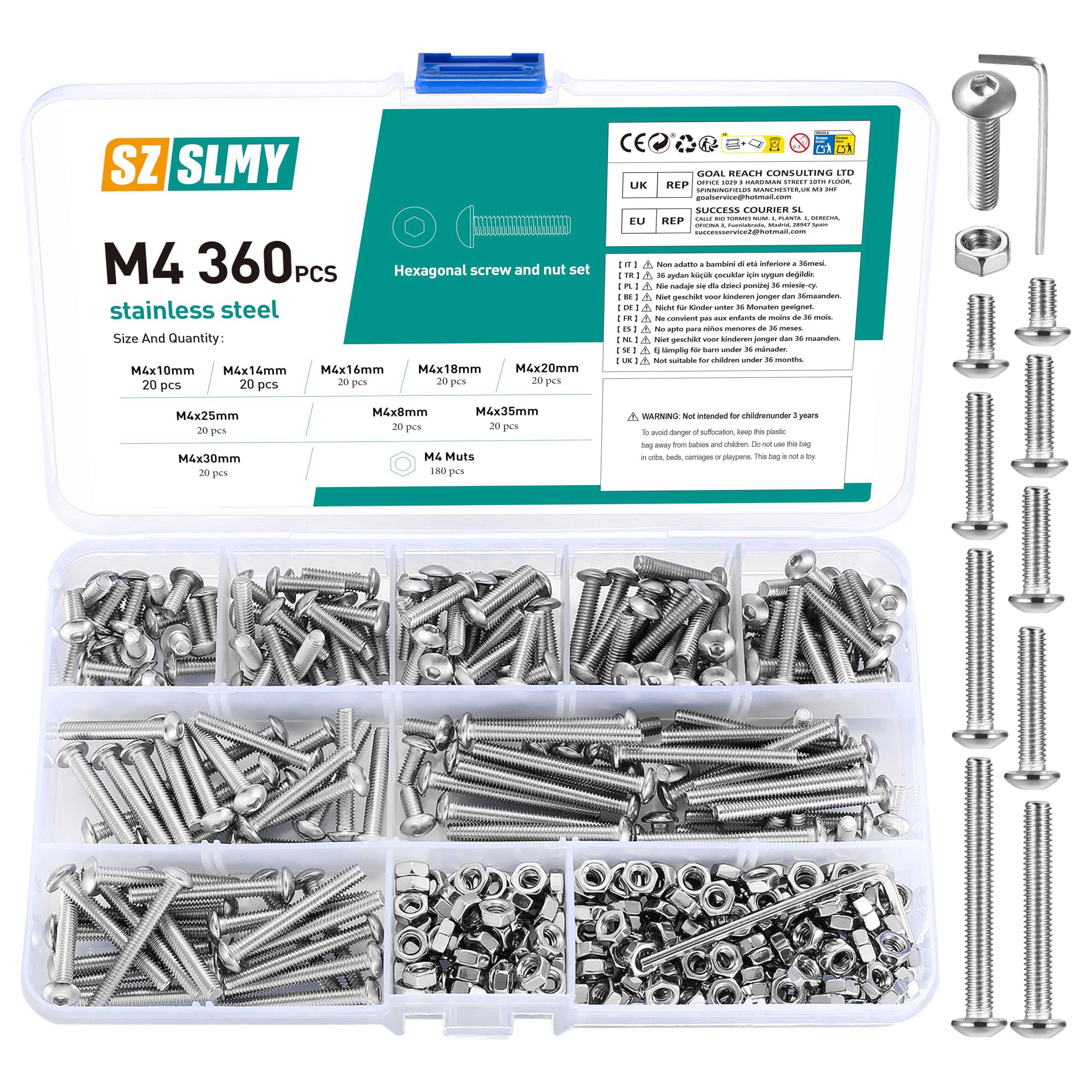 M4 Bolts and Nuts Set, 360 Pcs Hex Socket Head Cap Screws Nuts and Bolts Assorted Set, Round Head Pan Head Machine Screws Assortment Kit, Thread Fastener Hex Bolts and Nuts (M4)