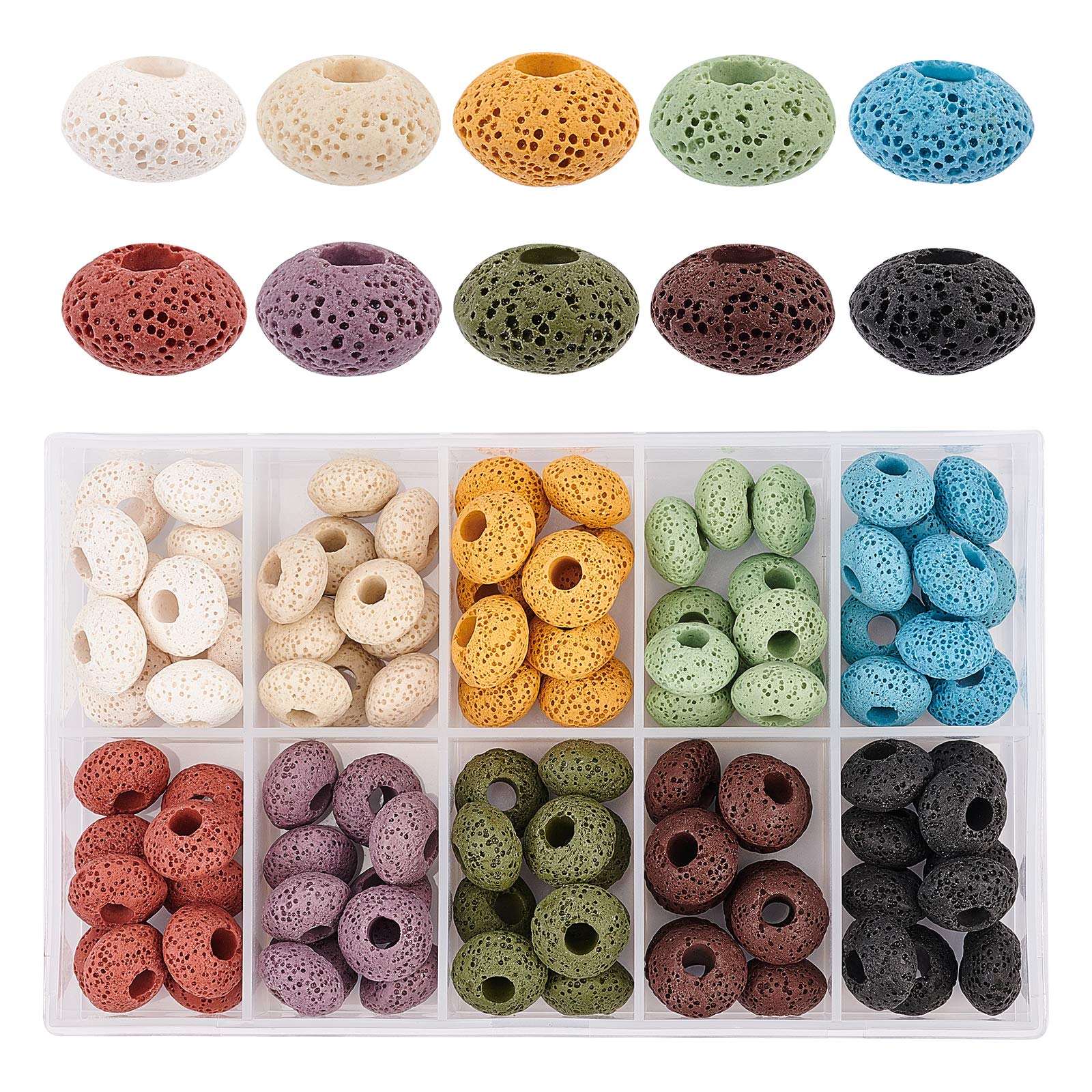 NBEADS 100 Pcs Lava European Beads, Flat Round Large Hole Beads Lava Stone Rock Loose Beads Volcanic Gemstone for Jewelry Making, 10 Colors