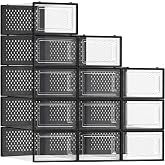 SONGMICS Shoe Boxes, Clear Plastic Sneaker Box, Pack of 12 | Stackable Shoe Storage Organizers, for Closet, 13.1 x 9.1 x 5.6 Inches, Transparent and Black, DENNYS Collection ULSP006B12
