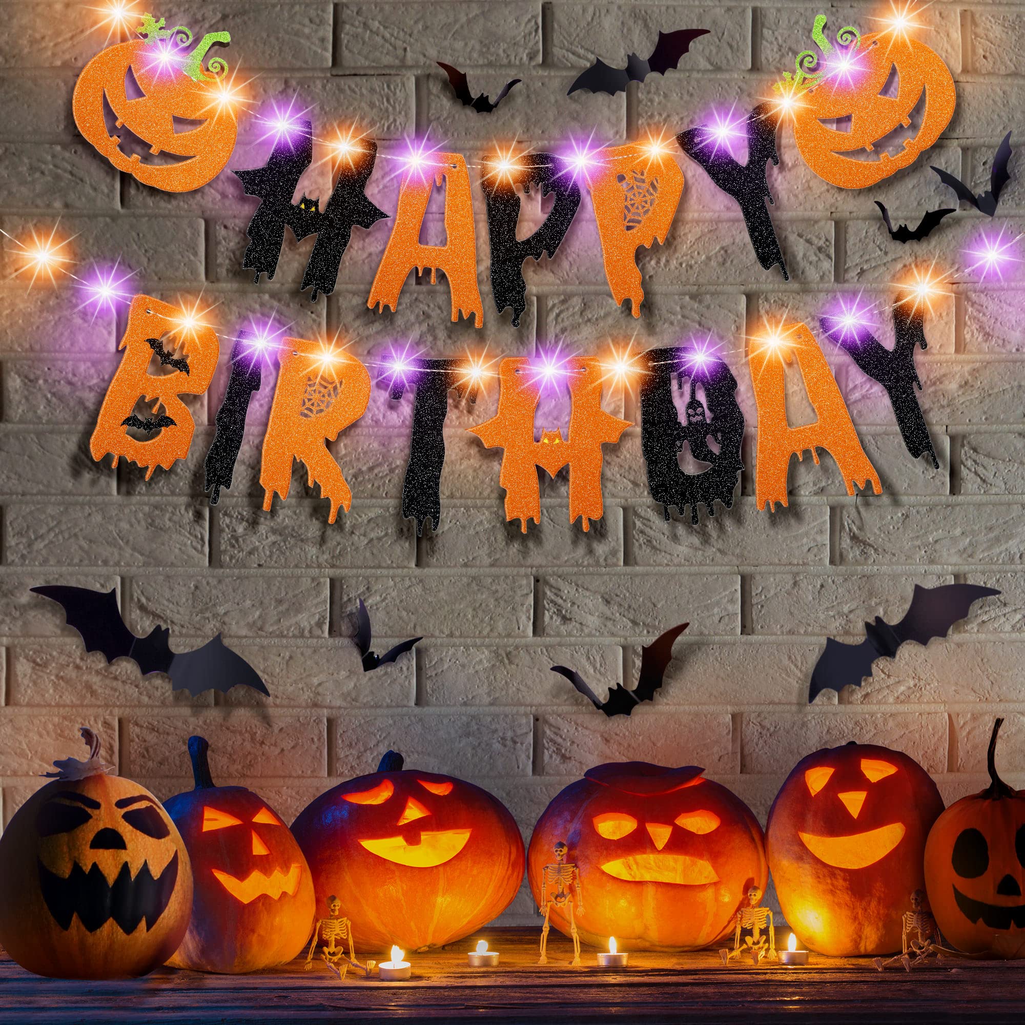 Photo 1 of Halloween Happy Birthday Banner Party Decoration, Glitter Purple and Orange Halloween Birthday Garland, Ghost Bat Pumpkin Themed Decor with 8 Mode String Lights for Party Supplies