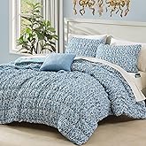 BLOOMHAVEN Queen Comforter Set - 7 Pieces Blue Classic Puff Floral Bedding Sets for All Seasons, Shabby Chic Farmhouse Bed in a Bag Queen with Wildflowers Fluffy Comforter, Sheets, Pillowcases & Shams