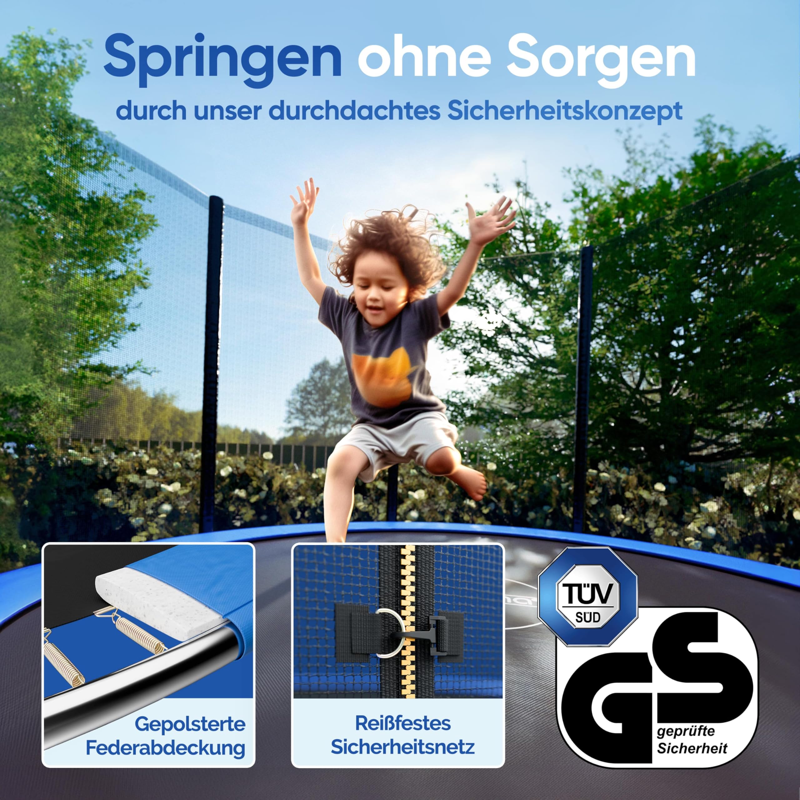 MONZANA® Trampolin Ø 305 cm TÜV SÜD GS Zertifiziert Komplettset mit Sicherheitsnetz, Leiter, Randabdeckung & Zubehör - Kindertrampolin Gartentrampolin 3