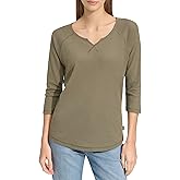 Andrew Marc Womens 3/4 Sleeve Split Neck Boxy Waffle Knit T-Shirt