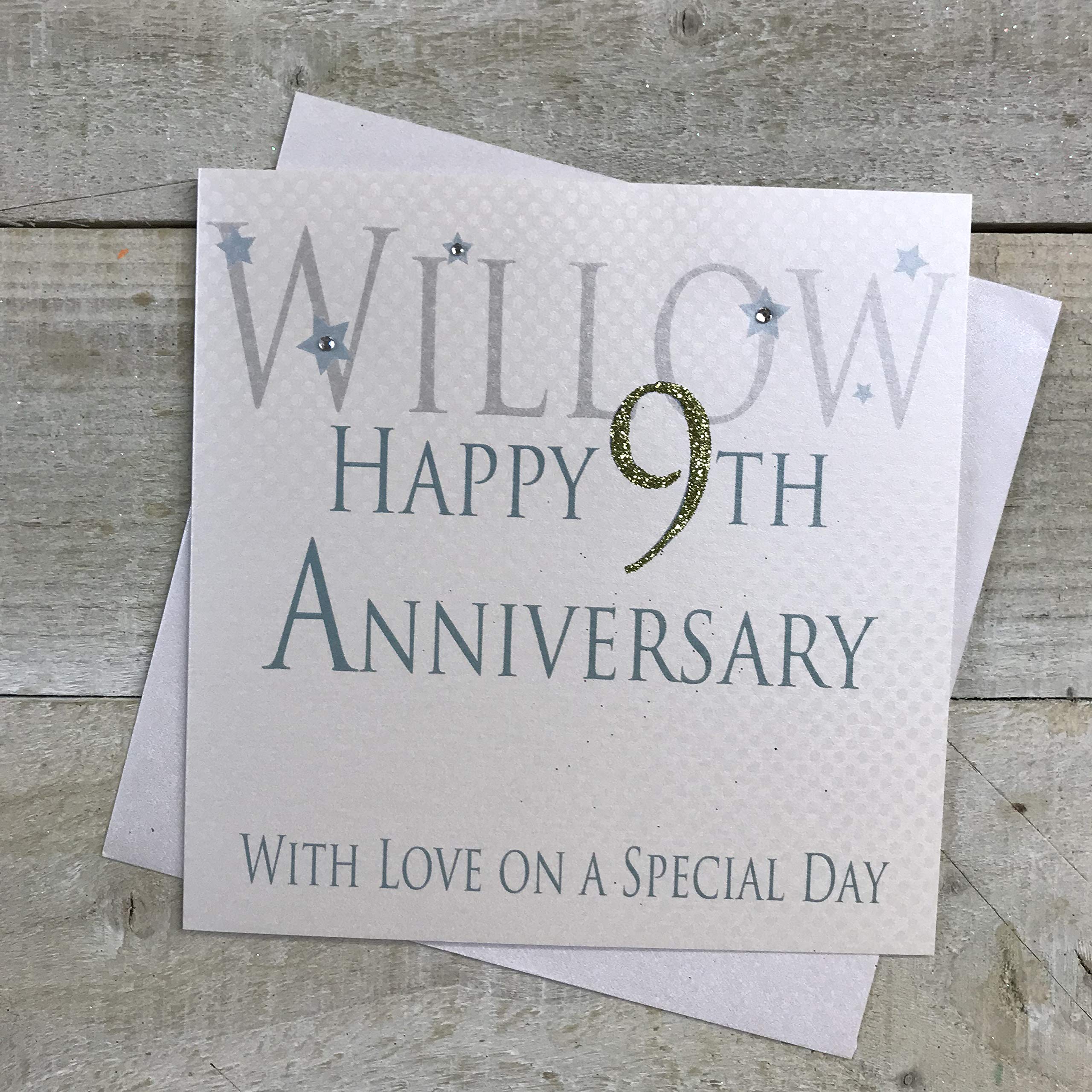 white cotton cards Willow Happy 9th Love On A Special Day, Handmade Anniversary Card (Code AW9)