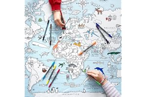 eatsleepdoodle World Map Kid's Coloring Tablecloth - Color Your Own Map of The World - Educational Geography Learning Activity for Children with Washable Felt Tip Fabric Markers - 50x33in