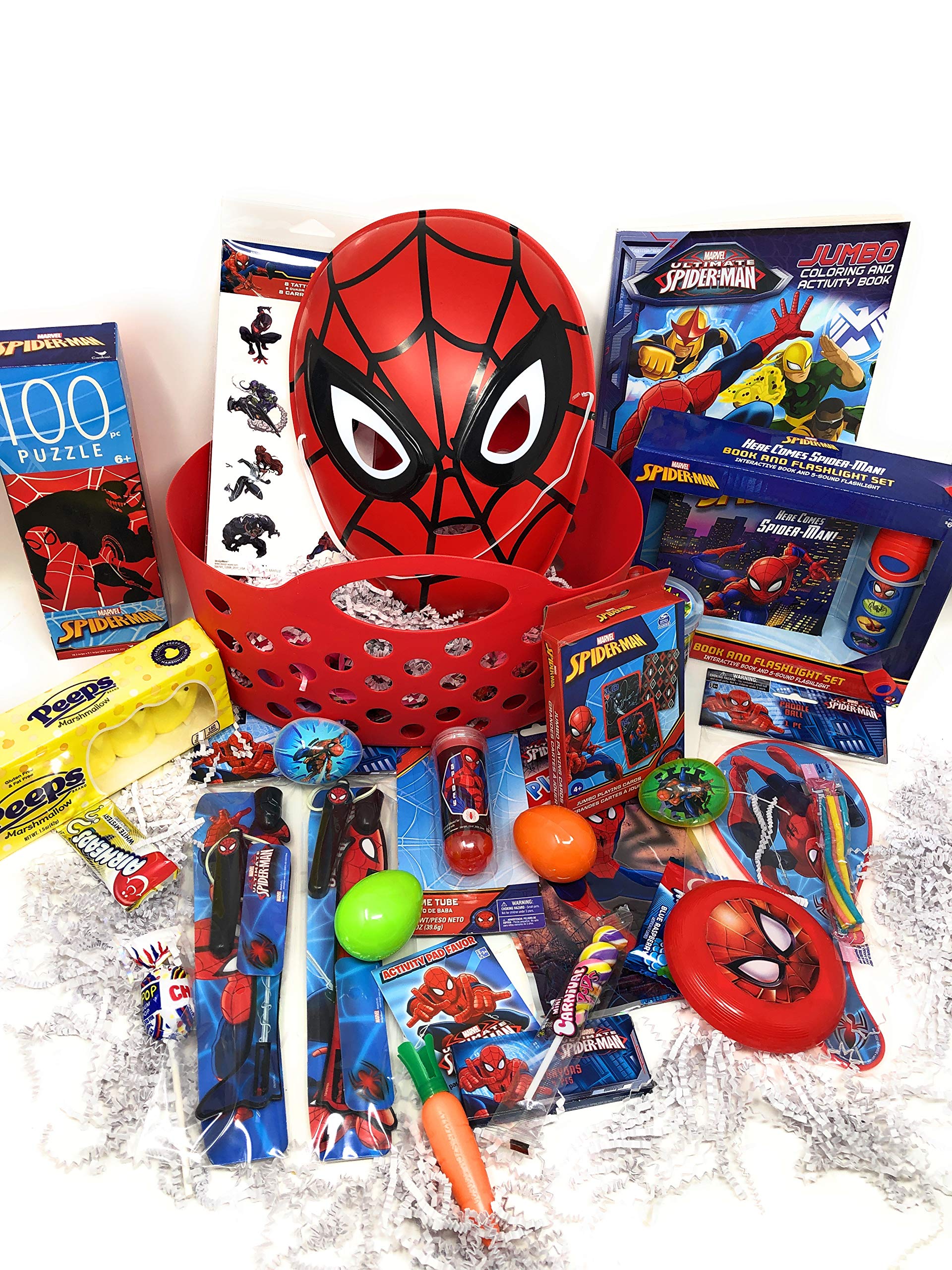P2P DIY Happy Easter Basket Spiderman (Flashlight) Kids Boys Girls Toddlers Birthday Get Well Just Because Gift Baskets Filled with Toys Unique Themed Stuffers Gifts Goodies Activities (May Vary)